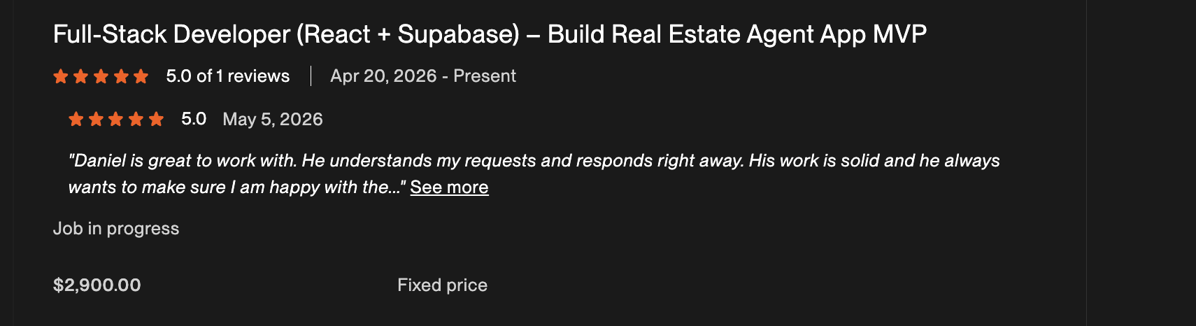 Five-star Upwork review for a real estate agent app MVP