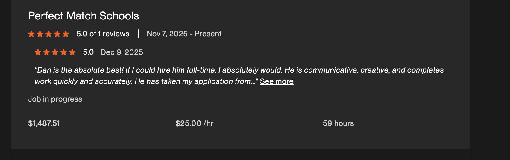 Five-star Upwork review for Perfect Match Schools
