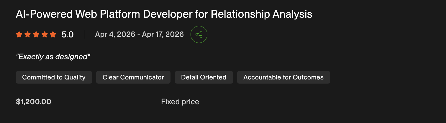 Five-star Upwork review for an AI relationship analysis platform