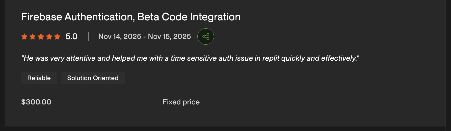 Five-star Upwork review for Firebase authentication work