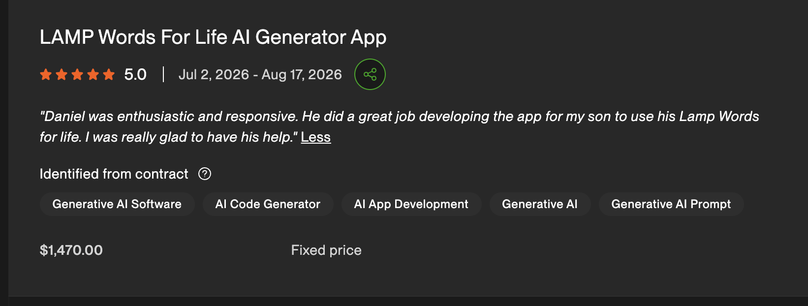 Five-star Upwork review for LAMP Words for Life AI Generator App